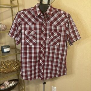 Wrangler Western Mens Pearl Snap Short Sleeve Plaid Shirt Red White Cowboy Rodeo